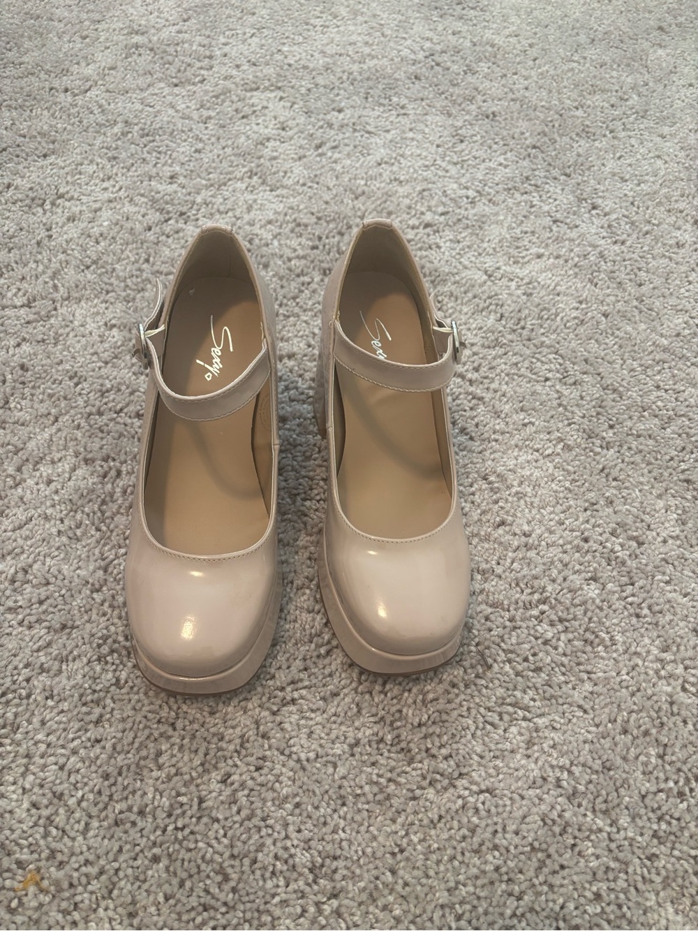 Beige Patent Mary Jane Platform Pumps